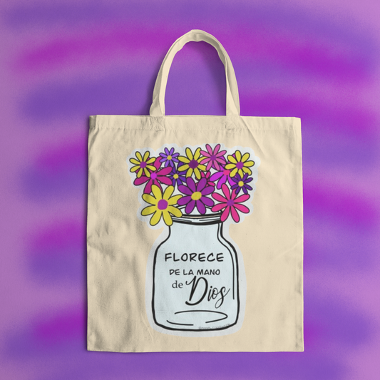 Bolsa Tote Floral con Escritura – Florece de la mano de Dios