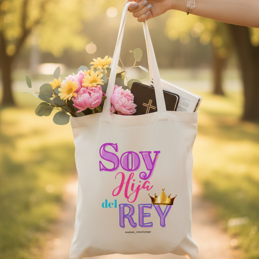 Mano con tote bag Soy Hija del Rey
