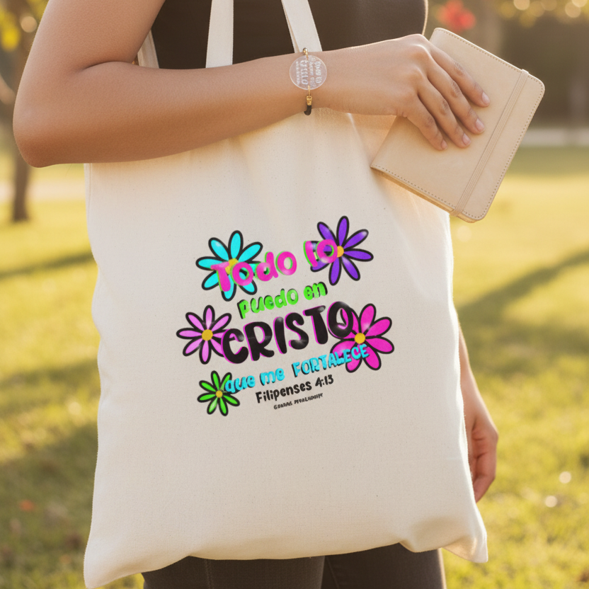 Mujer sacando Biblia de tote bag