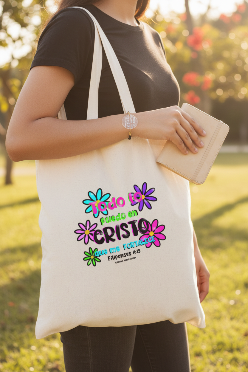 Mujer sacando Biblia de tote bag